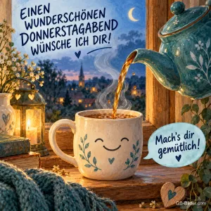 Lachende Tasse wird mit Tee aus einer Kanne gefüllt, Text: EINEN WUNDERSCHÖNEN DONNERSTAGABEND WÜNSCHE ICH DIR! – Mach's dir gemütlich!