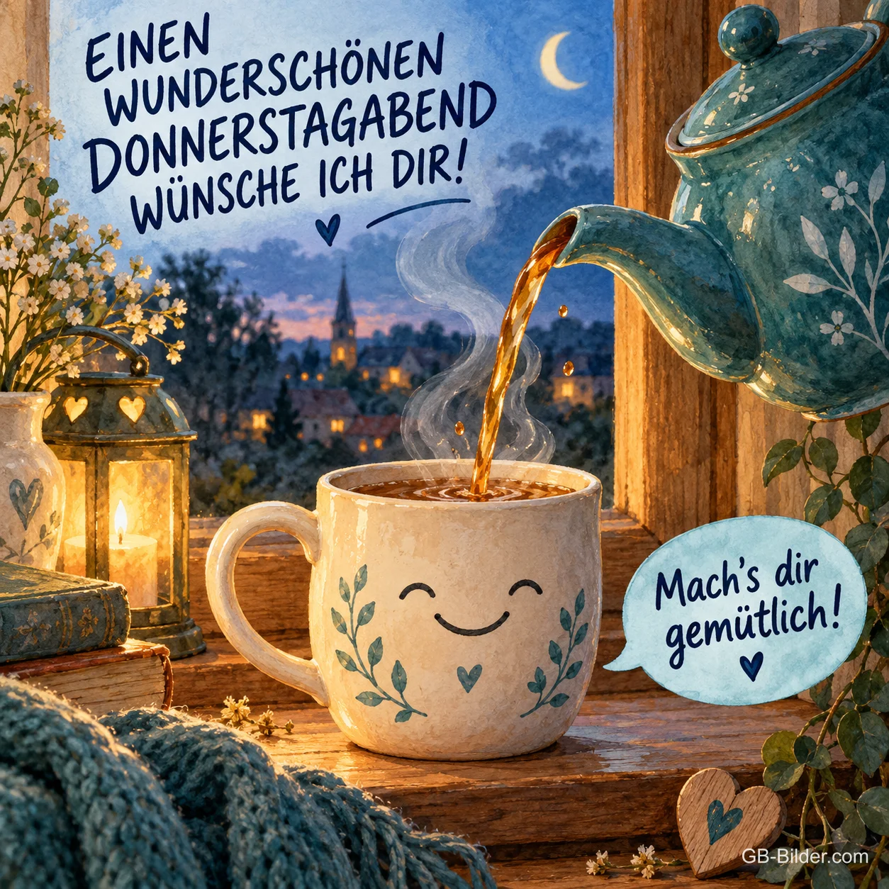 Lachende Tasse wird mit Tee aus einer Kanne gefüllt, Text: EINEN WUNDERSCHÖNEN DONNERSTAGABEND WÜNSCHE ICH DIR! – Mach's dir gemütlich! Lachende Tasse wird mit Tee aus einer Kanne gefüllt, Text: EINEN WUNDERSCHÖNEN DONNERSTAGABEND WÜNSCHE ICH DIR! – Mach's dir gemütlich!