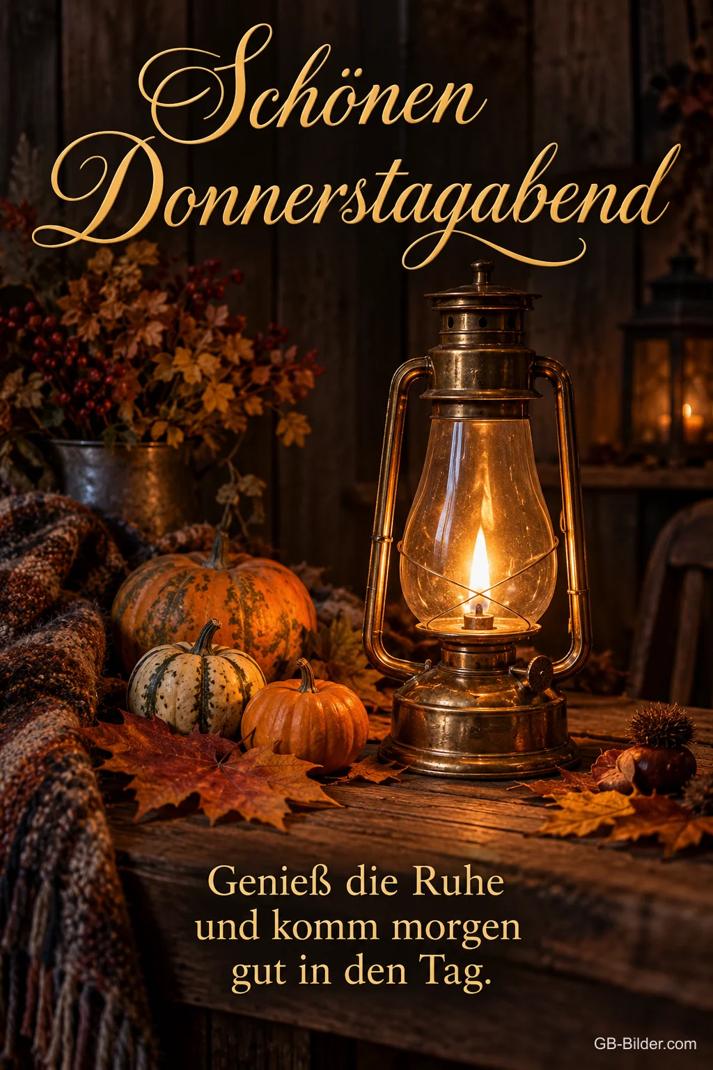 Petroleumlampe zwischen Kürbissen und Herbstlaub, Text: Schönen Donnerstagabend – Genieß die Ruhe und komm morgen gut in den Tag. Petroleumlampe zwischen Kürbissen und Herbstlaub, Text: Schönen Donnerstagabend – Genieß die Ruhe und komm morgen gut in den Tag.