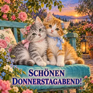 Zwei Kätzchen mit Blumen auf einer Gartenbank, Text: SCHÖNEN DONNERSTAGABEND!