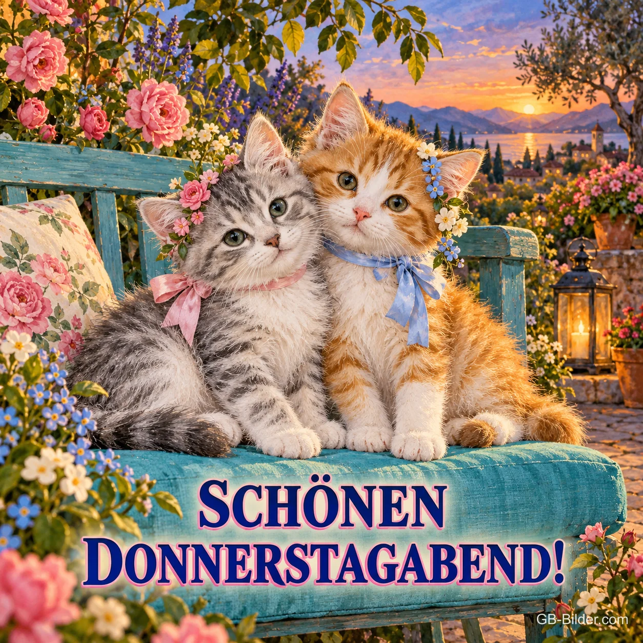 Zwei Kätzchen mit Blumen auf einer Gartenbank, Text: SCHÖNEN DONNERSTAGABEND! Zwei Kätzchen mit Blumen auf einer Gartenbank, Text: SCHÖNEN DONNERSTAGABEND!