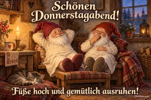 Zwei Wichtel legen die Füße hoch am Kamin, Text: Schönen Donnerstagabend! – Füße hoch und gemütlich ausruhen!