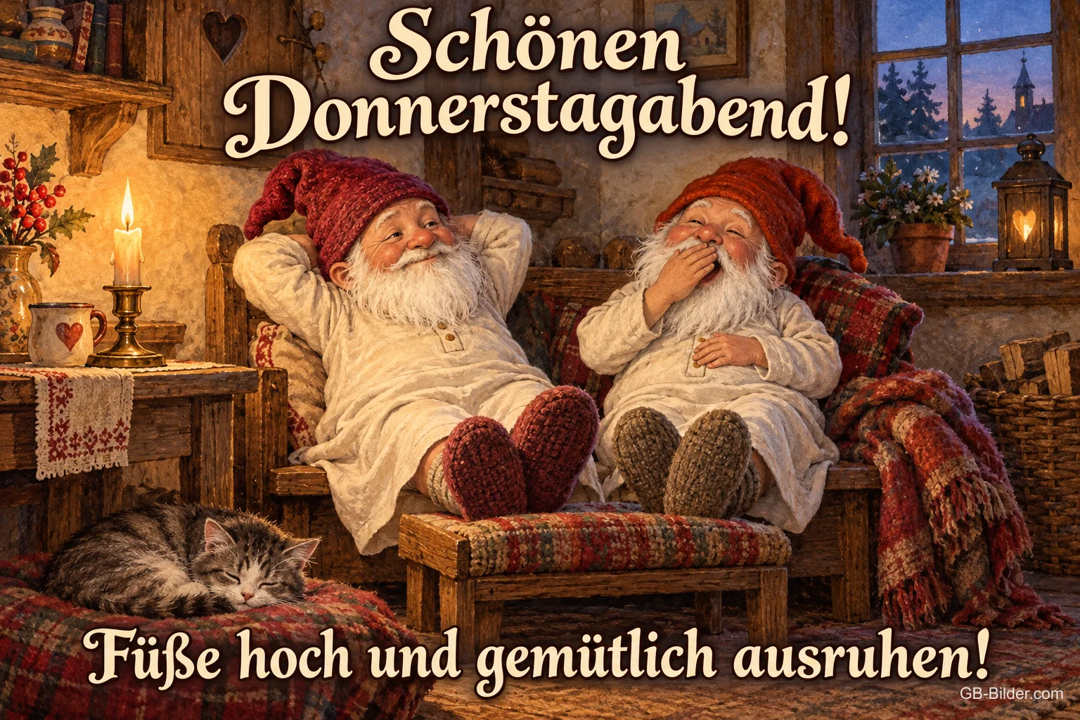 Zwei Wichtel legen die Füße hoch am Kamin, Text: Schönen Donnerstagabend! – Füße hoch und gemütlich ausruhen! Zwei Wichtel legen die Füße hoch am Kamin, Text: Schönen Donnerstagabend! – Füße hoch und gemütlich ausruhen!