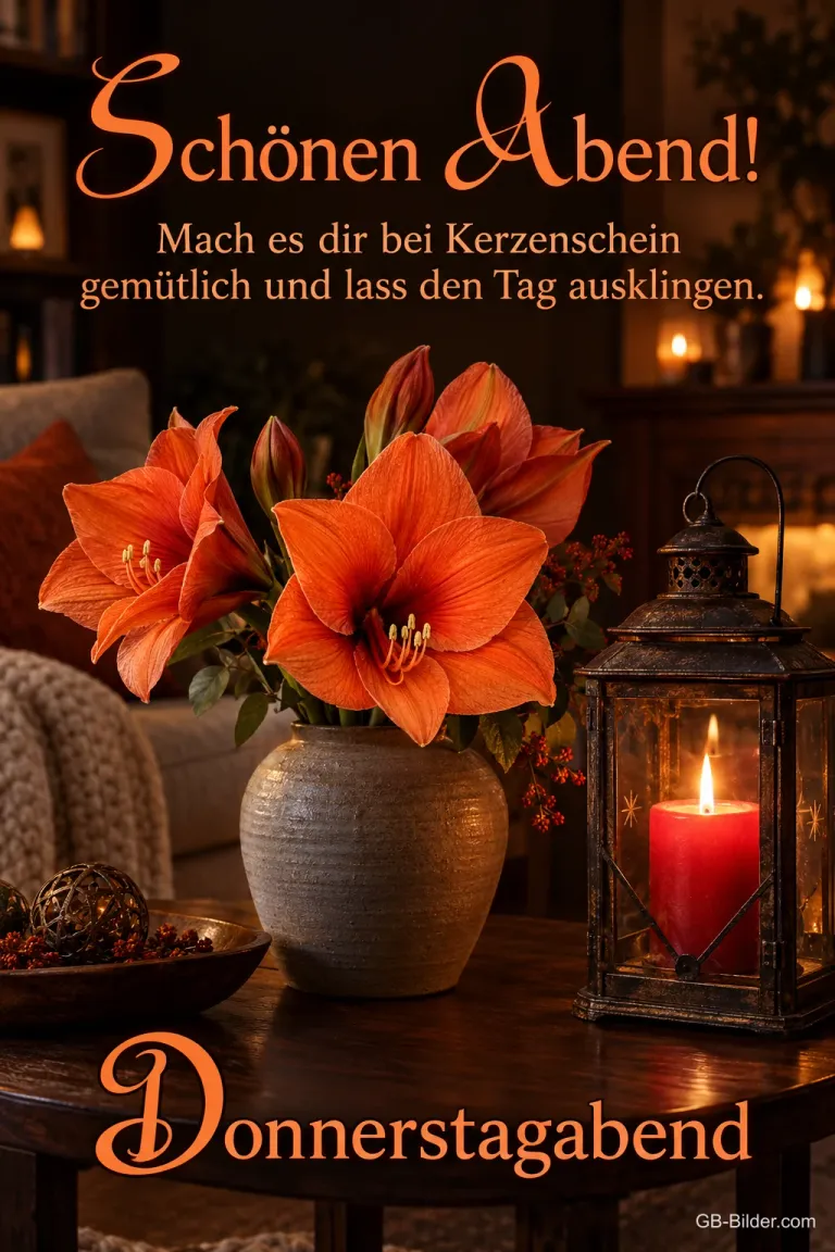 Orange Amaryllis neben einer Laterne, Text: Schönen Abend! – Mach es dir bei Kerzenschein gemütlich und lass den Tag ausklingen. Donnerstagabend