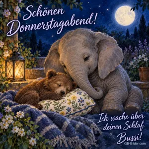 Elefant wacht über ein schlafendes Bärenjunges unter dem Mond, Text: Schönen Donnerstagabend! – Ich wache über deinen Schlaf. Bussi!