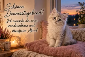 Weißes Kätzchen sitzt auf einem Kissen am Fenster, Text: Schönen Donnerstagabend! – Ich wünsche dir einen wunderschönen und stressfreien Abend.