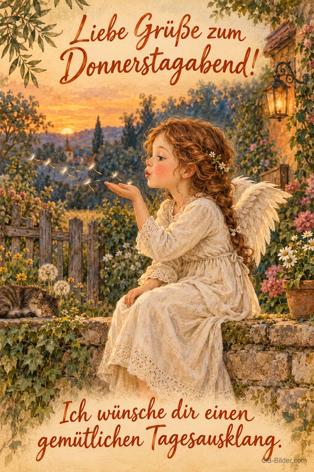 Kleines Engelmädchen pustet Lichter von der Hand, Text: Liebe Grüße zum Donnerstagabend! – Ich wünsche dir einen gemütlichen Tagesausklang. Kleines Engelmädchen pustet Lichter von der Hand, Text: Liebe Grüße zum Donnerstagabend! – Ich wünsche dir einen gemütlichen Tagesausklang.