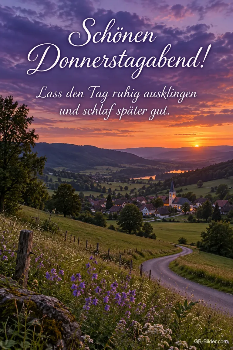Weg durch ein Tal mit Dorf im Sonnenuntergang, Text: Schönen Donnerstagabend! – Lass den Tag ruhig ausklingen und schlaf später gut.