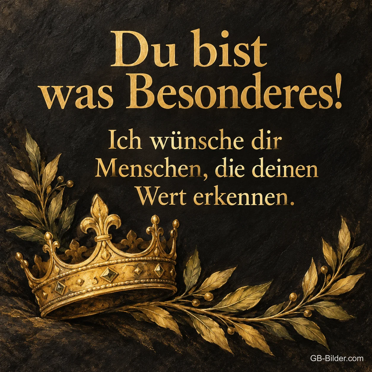 Goldene Krone mit Lorbeer, Text: Du bist was Besonderes! Ich wünsche dir Menschen, die deinen Wert erkennen.