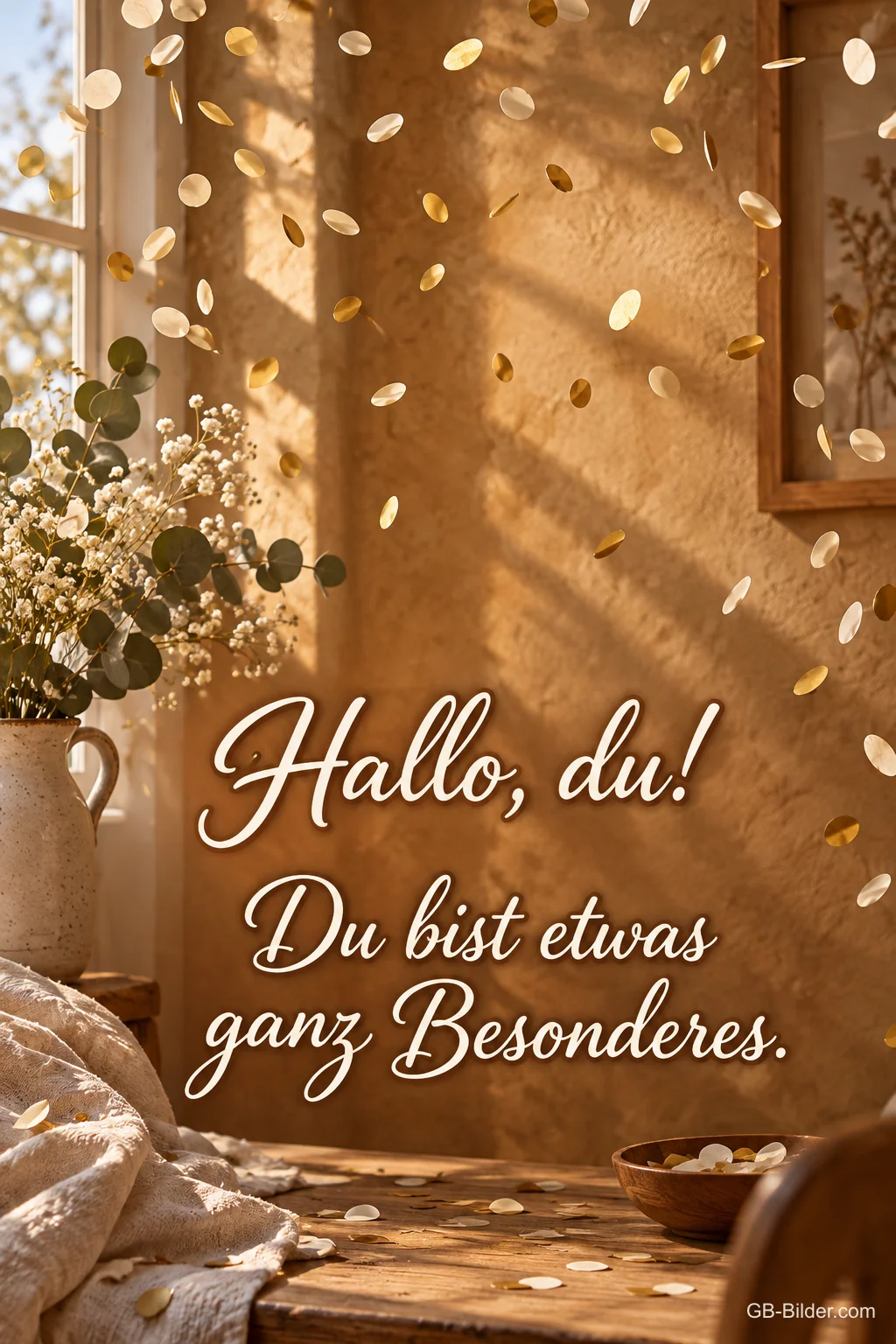 Goldenes Konfetti im sonnigen Raum, Text: Hallo, du! Du bist etwas ganz Besonderes.