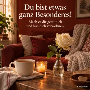 Weiße Rose und Tee in gemütlicher Stube, Text: Du bist etwas ganz Besonderes!