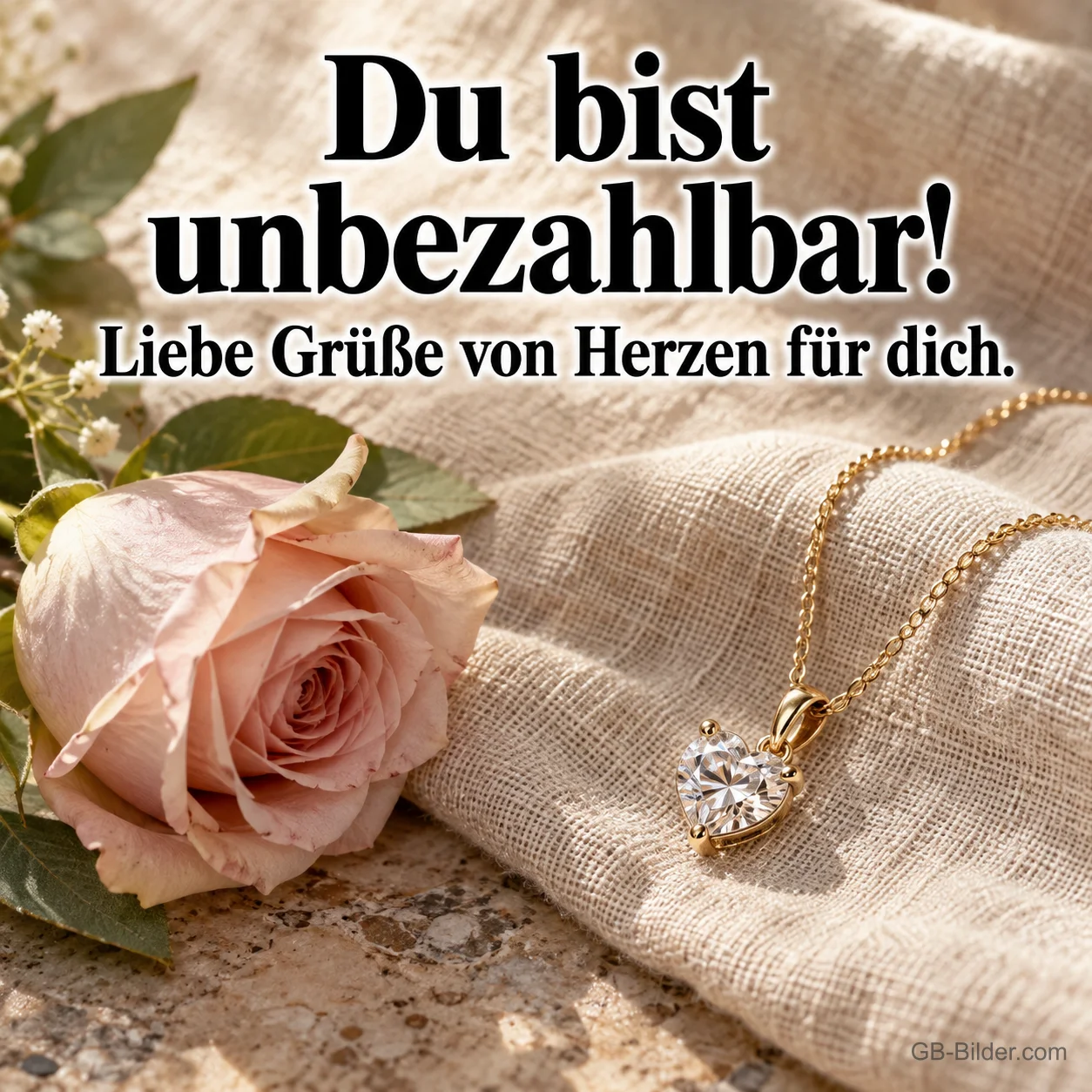 Rosa Rose und Herzkette auf Leinen, Text: Du bist unbezahlbar! Liebe Grüße von Herzen für dich.