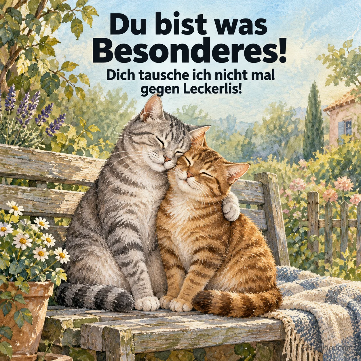 Zwei kuschelnde Katzen auf einer Gartenbank, Text: Du bist was Besonderes! Dich tausche ich nicht mal gegen Leckerlis!