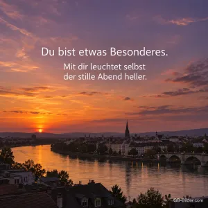 Sonnenuntergang über einer Stadt am Fluss, Text: Du bist etwas Besonderes.