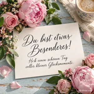 Karte zwischen rosa Pfingstrosen, Text: Du bist etwas Besonderes! Hab einen schönen Tag voller kleiner Glücksmomente.