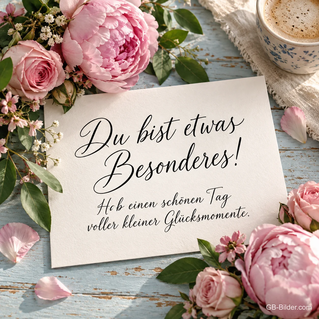 Karte zwischen rosa Pfingstrosen, Text: Du bist etwas Besonderes! Hab einen schönen Tag voller kleiner Glücksmomente.