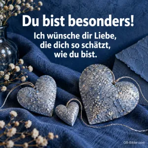 Glitzernde Silberherzen auf blauem Stoff, Text: Du bist besonders!
