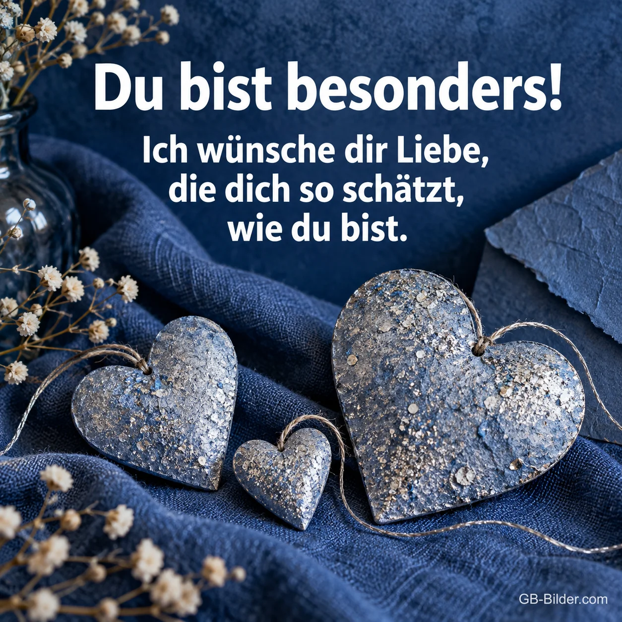 Glitzernde Silberherzen auf blauem Stoff, Text: Du bist besonders!