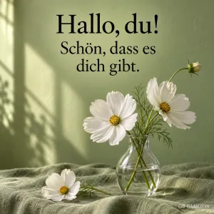 Weiße Schmuckkörbchen in Glasvase, Text: Hallo, du! Schön, dass es dich gibt.