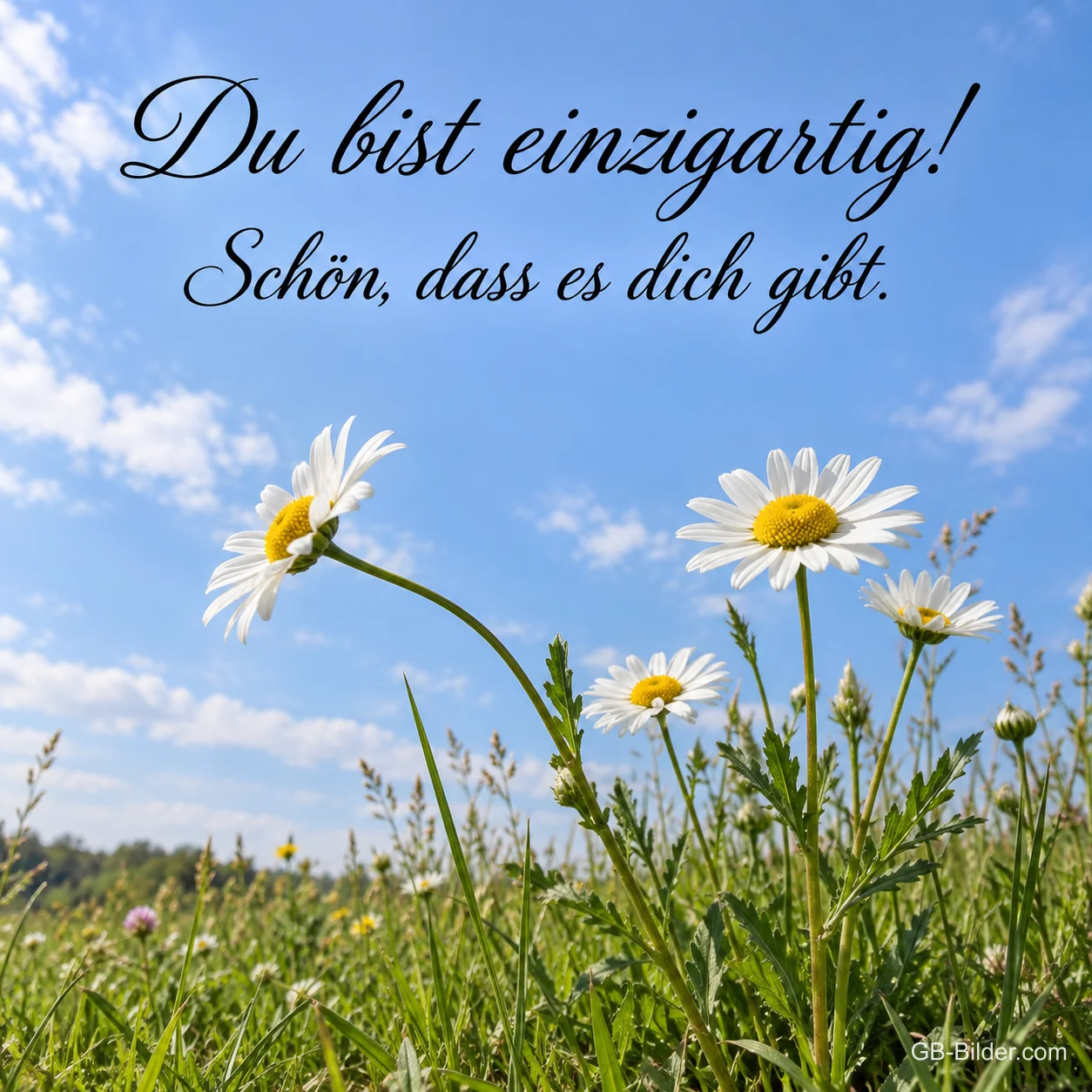 Margeriten auf einer Sommerwiese, Text: Du bist einzigartig! Schön, dass es dich gibt.