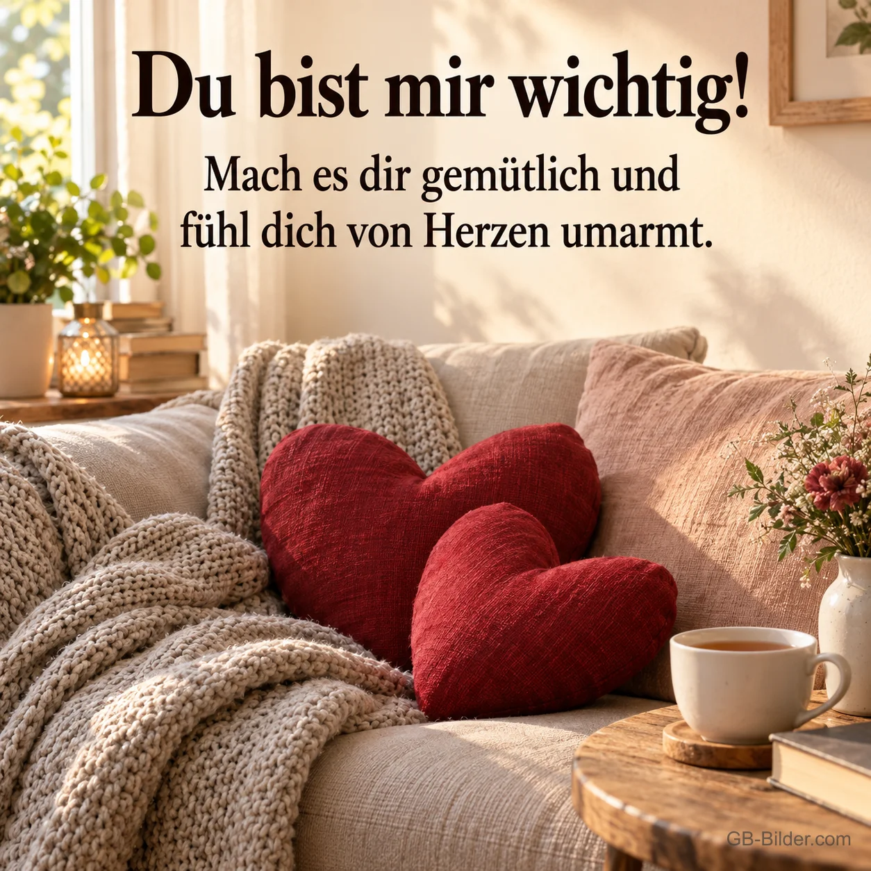 Rote Herzkissen auf dem Sofa, Text: Du bist mir wichtig! Fühl dich von Herzen umarmt.