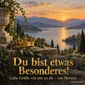 Goldene Krone über einem See im Sonnenuntergang, Text: Du bist etwas Besonderes!