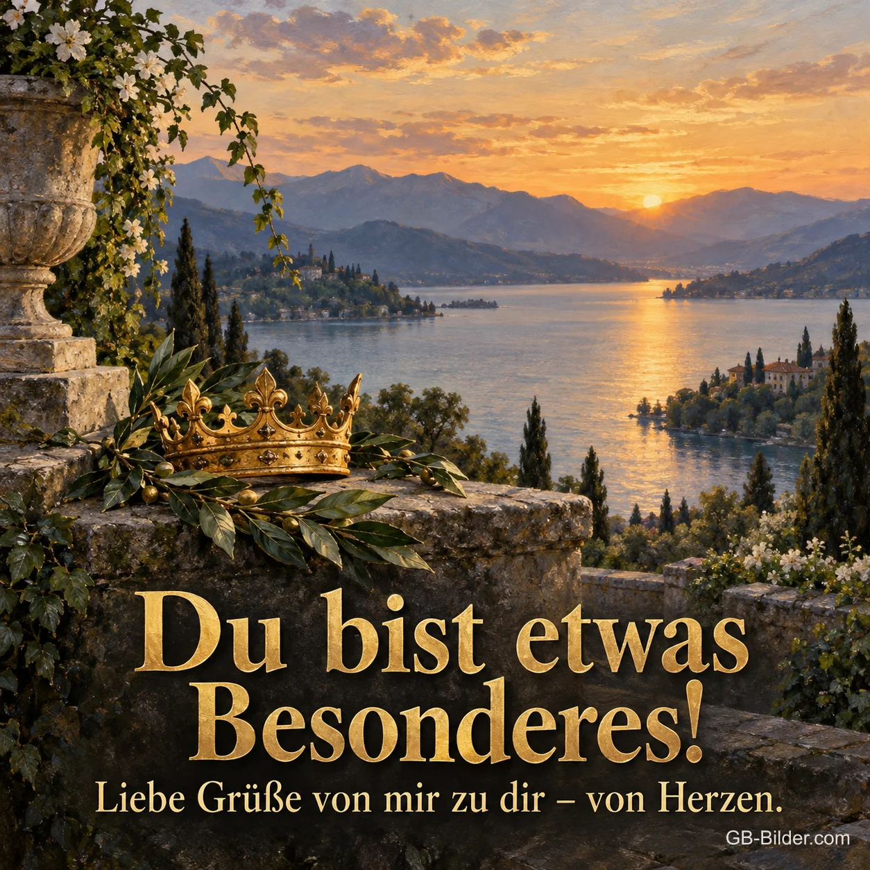 Goldene Krone über einem See im Sonnenuntergang, Text: Du bist etwas Besonderes!