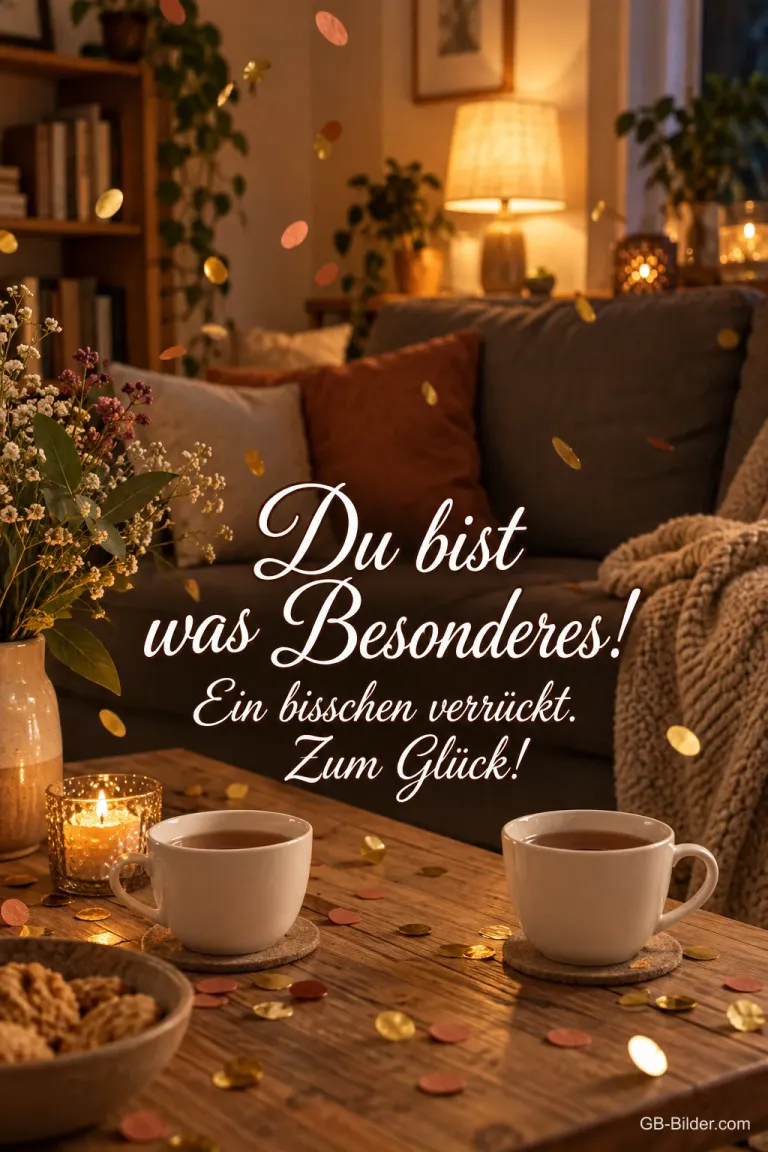 Zwei Tassen mit Konfetti im Wohnzimmer, Text: Du bist was Besonderes! Ein bisschen verrückt. Zum Glück!