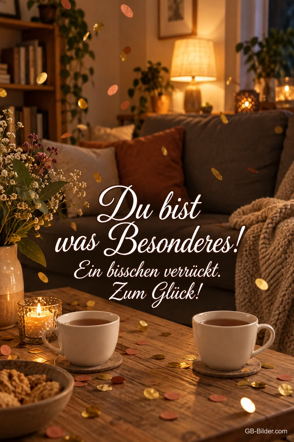 Zwei Tassen mit Konfetti im Wohnzimmer, Text: Du bist was Besonderes! Ein bisschen verrückt. Zum Glück!