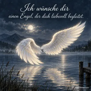 Engelsflügel über einem See im Mondschein, Text: Ich wünsche dir einen Engel, der dich liebevoll begleitet.