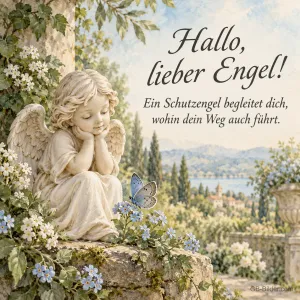 Engelsfigur zwischen Vergissmeinnicht, Text: Hallo, lieber Engel! Ein Schutzengel begleitet dich.