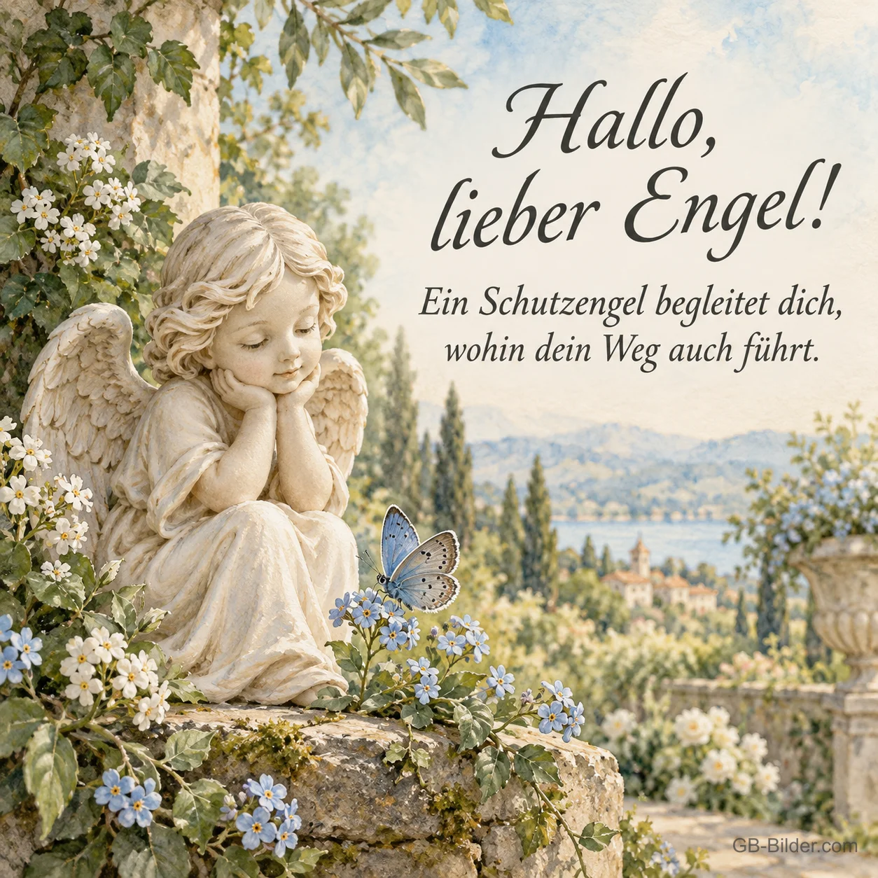 Engelsfigur zwischen Vergissmeinnicht, Text: Hallo, lieber Engel! Ein Schutzengel begleitet dich.