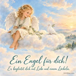 Kleiner Engel mit Taube auf einer Wolke, Text: Ein Engel für dich!