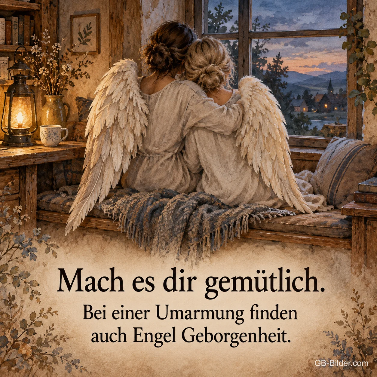 Zwei umarmte Engel am Fenster, Text: Bei einer Umarmung finden auch Engel Geborgenheit.