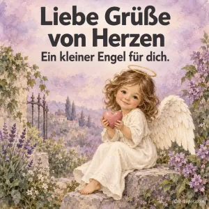 Kleiner Engel mit Herz zwischen Lavendel, Text: Liebe Grüße von Herzen – Ein kleiner Engel für dich.