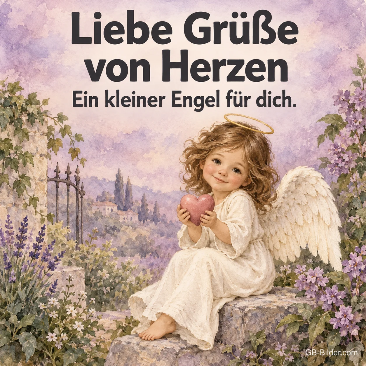 Kleiner Engel mit Herz zwischen Lavendel, Text: Liebe Grüße von Herzen – Ein kleiner Engel für dich.