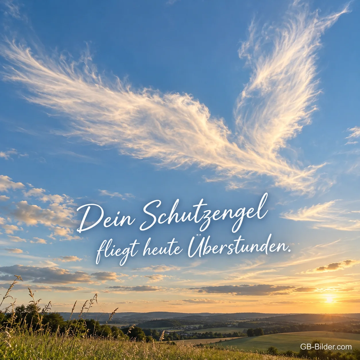 Wolken wie Engelsflügel im Sonnenuntergang, Text: Dein Schutzengel fliegt heute Überstunden.
