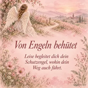 Engel über einem Blumental in Aquarell, Text: Von Engeln behütet