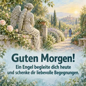 Engelsstatue auf einer Gartenmauer, Text: Guten Morgen! Ein Engel begleite dich heute.