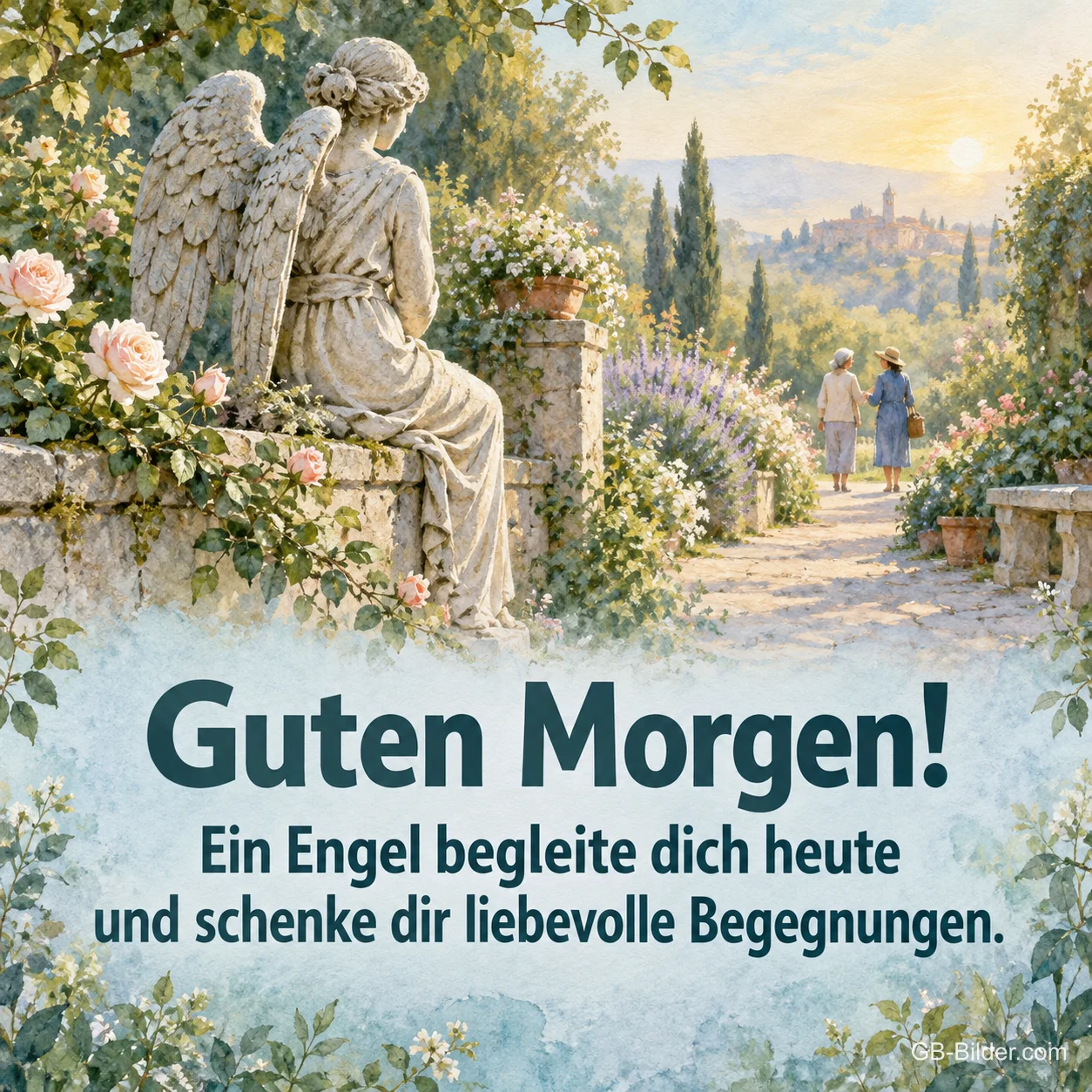 Engelsstatue auf einer Gartenmauer, Text: Guten Morgen! Ein Engel begleite dich heute.