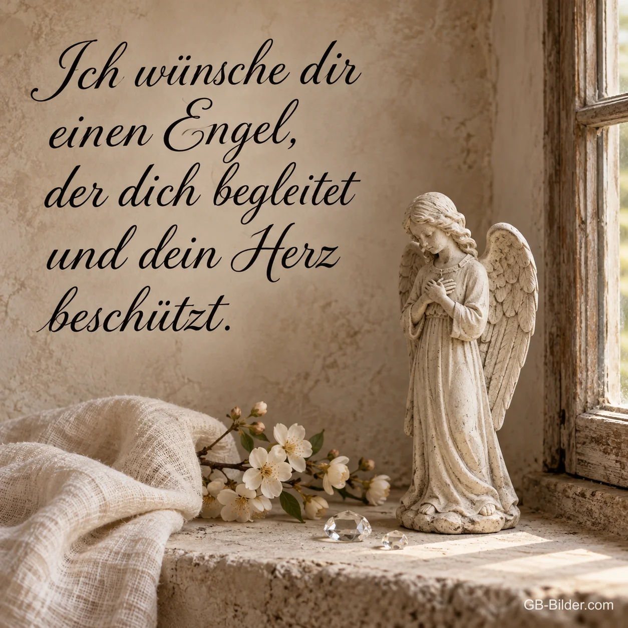 Engelsfigur auf einer Fensterbank, Text: Ich wünsche dir einen Engel, der dich begleitet und dein Herz beschützt.