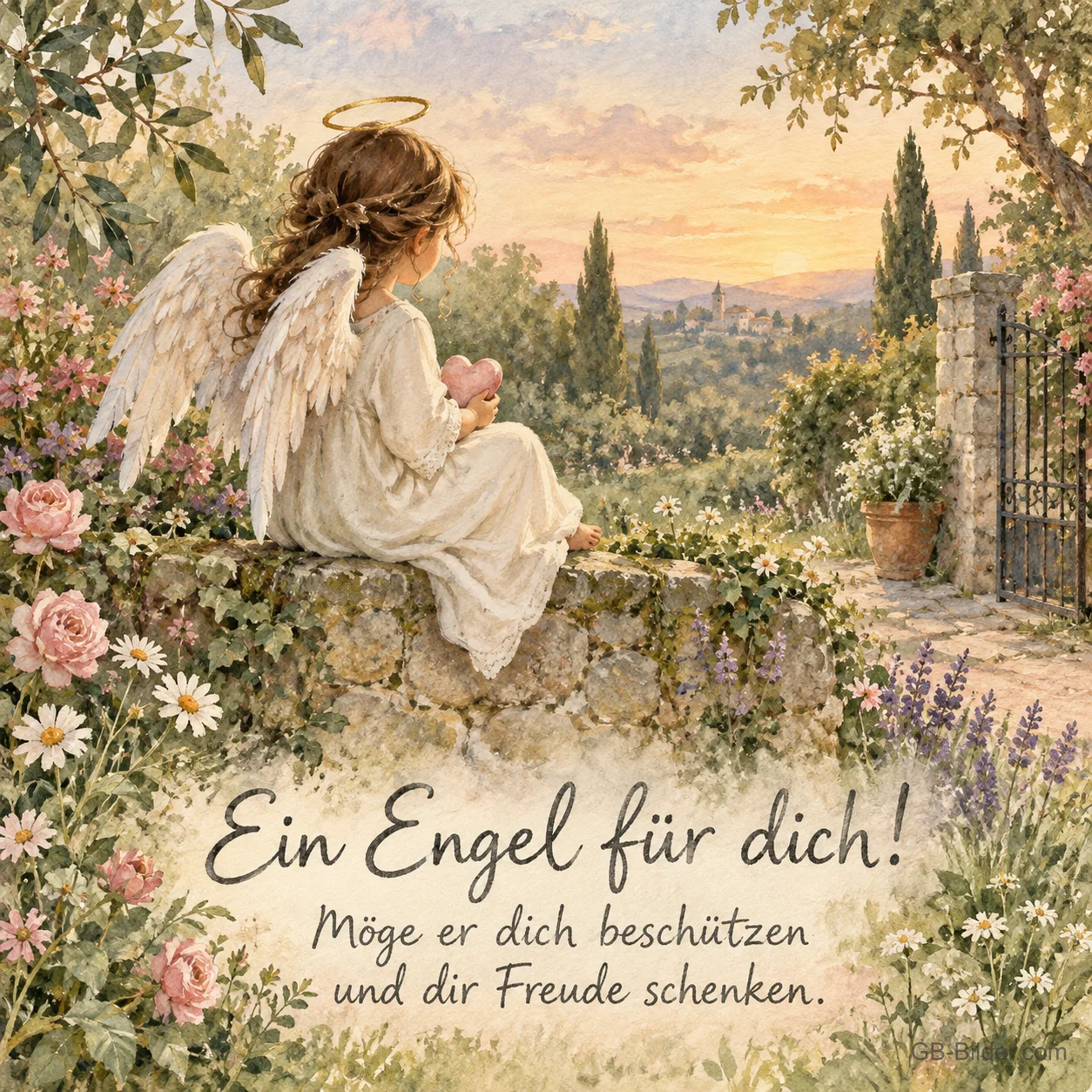Kleiner Engel auf einer Gartenmauer, Text: Ein Engel für dich!