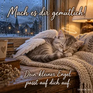 Kätzchen mit Engelsflügeln auf einer Decke, Text: Mach es dir gemütlich! Dein kleiner Engel passt auf dich auf.