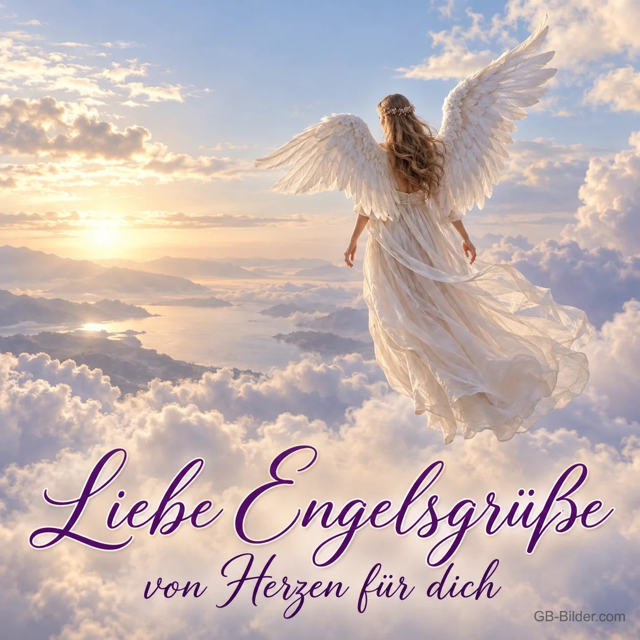 Engel über einem Wolkenmeer, Text: Liebe Engelsgrüße von Herzen für dich