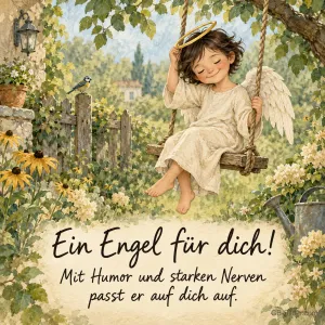 Kleiner Engel auf einer Schaukel im Garten, Text: Ein Engel für dich! Mit Humor und starken Nerven passt er auf dich auf.
