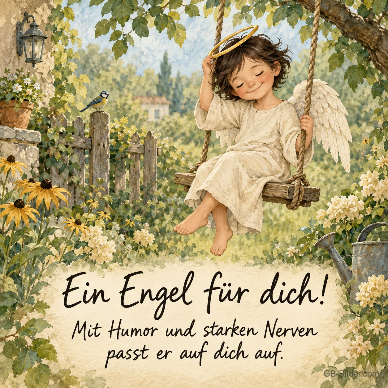 Kleiner Engel auf einer Schaukel im Garten, Text: Ein Engel für dich! Mit Humor und starken Nerven passt er auf dich auf.