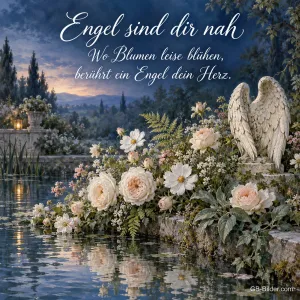 Engelsfigur zwischen Rosen am Teich, Text: Engel sind dir nah