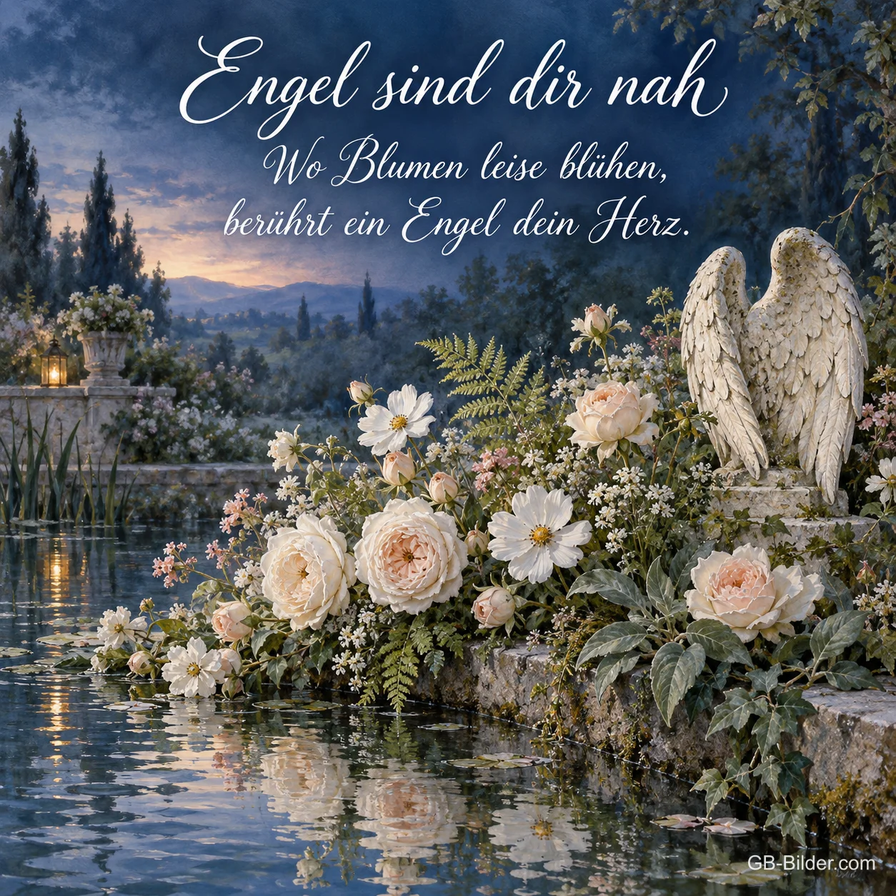 Engelsfigur zwischen Rosen am Teich, Text: Engel sind dir nah