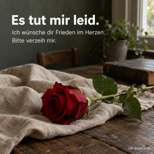 Rote Rose auf Leinen, Text: Es tut mir leid. Bitte verzeih mir.