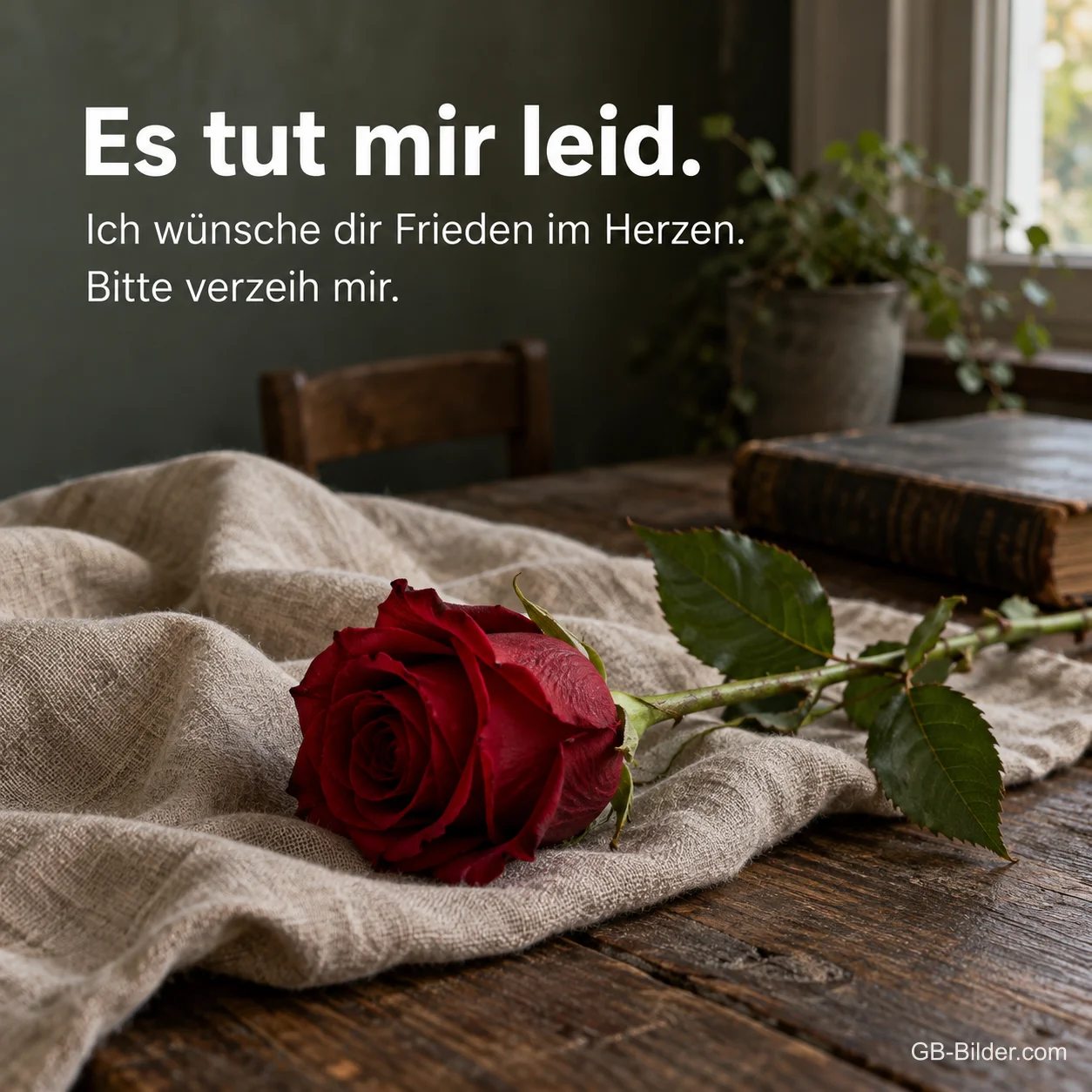 Rote Rose auf Leinen, Text: Es tut mir leid. Bitte verzeih mir. Rote Rose auf Leinen, Text: Es tut mir leid. Bitte verzeih mir.